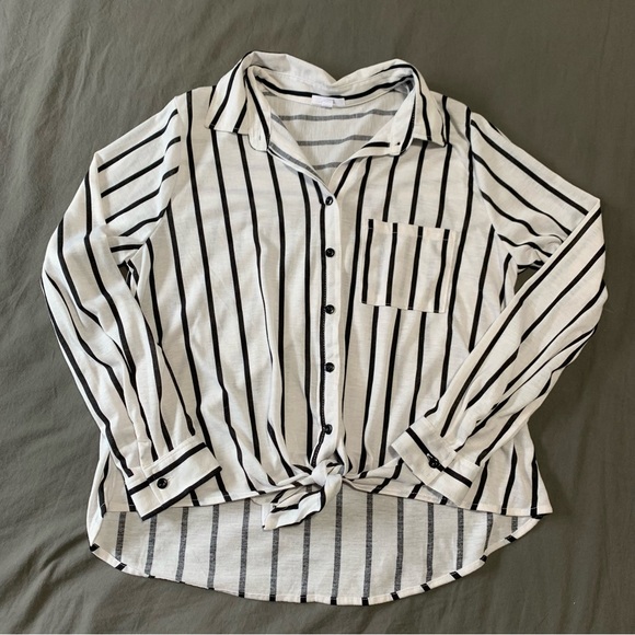 White and Black Stripped Long Sleeve Button up - Picture 1 of 7